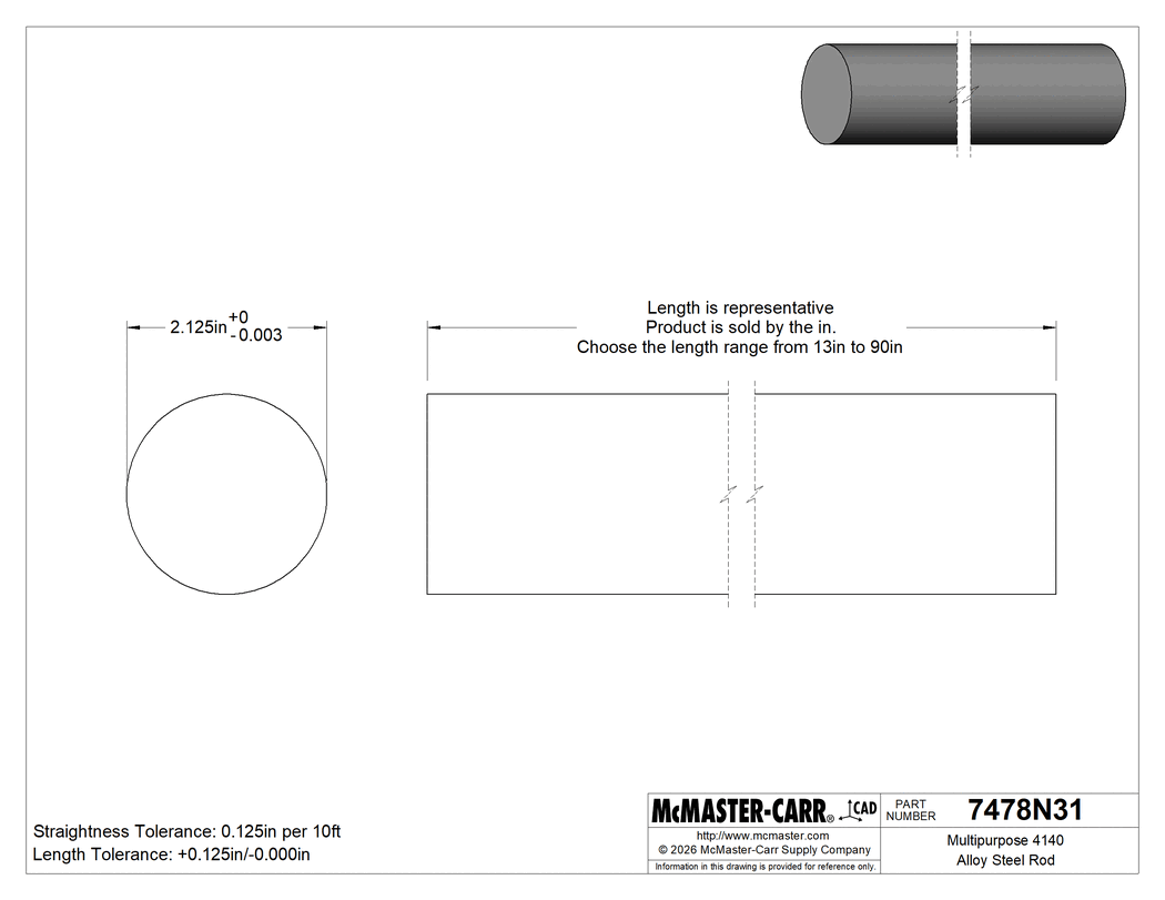 Technical Drawing of Multipurpose 4140 Alloy Steel Rod, 2-1/8" Diameter.